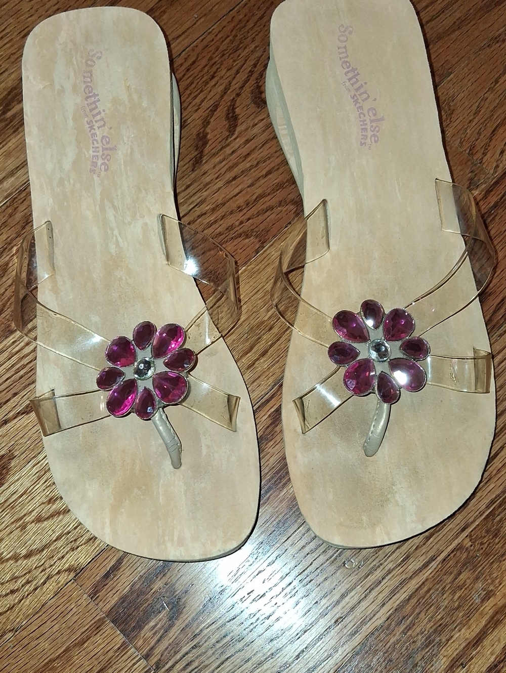 Skechers Clear Jelly Flip Sandals with Pink Gem Flower Accents